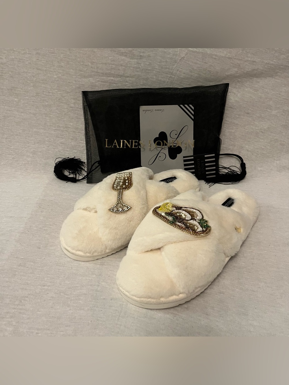 Laines London Ivory Faux Fur Slide Slippers with Oysters and Champagne Patches
